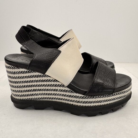 Sorel Womens 7.5 Wedge Sandals Black Beige Strappy Joanie II Slingback Chevron - Picture 3 of 13